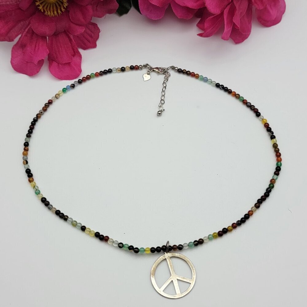 ATI 925 Sterling Silver PEACE SIGN Pendant Multicolor Glass Seed Bead Necklace